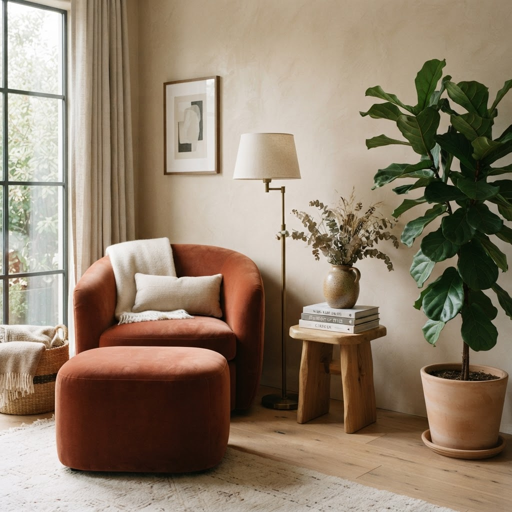 A styled corner with a rust accent chair, floor lamp and plant