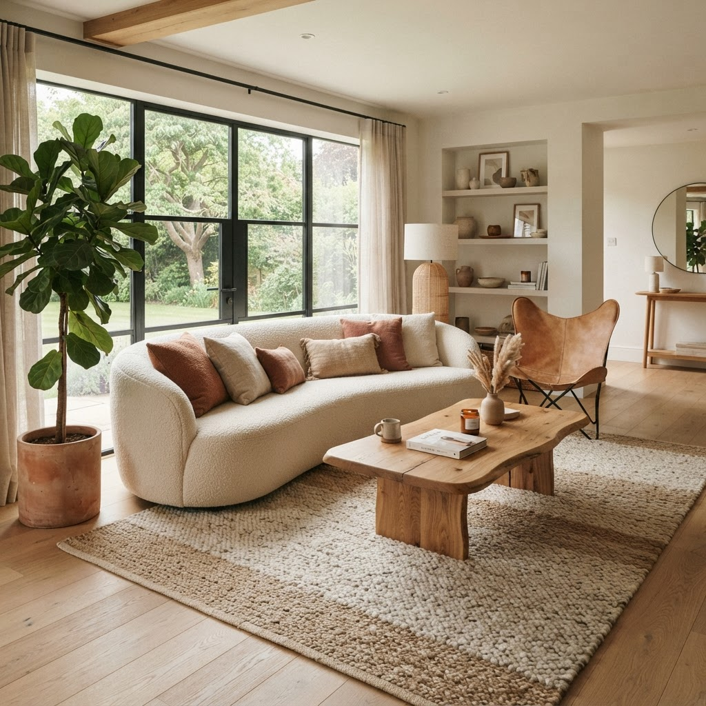 Modern living room styled with a cream sofa, wood coffee table and warm decor